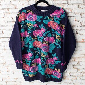Vintage Preview International Floral Sweater Small Navy Blue 80s Cottagecore